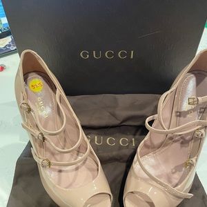 Gucci Vernice Crystal DK Cipria Peep Toe Platform Pumps Heels Shoes Pink S 37.5